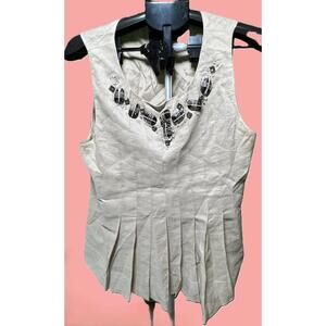 Robert Rodriguez Sleeveless Beaded Neckline Pleated Khaki Blouse Size 12